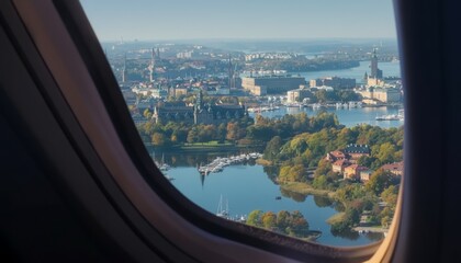Aerial View of Cityscape through Airplane Window.