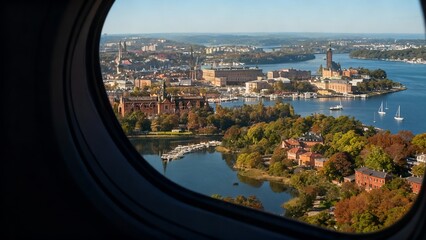 Aerial View of Stockholm Cityscape through Airplane Window.