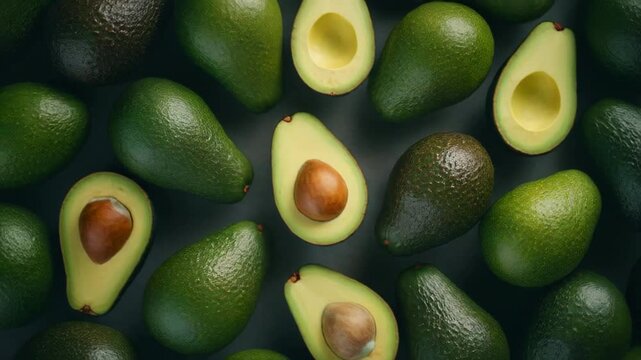 Halved and Whole Green Avocados on Dark Background Flat Lay