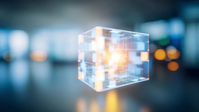 Data Cube: A translucent data cube floats suspended in a blurred futuristic environment, symbolizing technology and data processing.