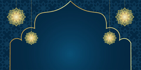 Blue islamic mosque arch ornament frame with gold lantern in blank banner design Decoration © ardi