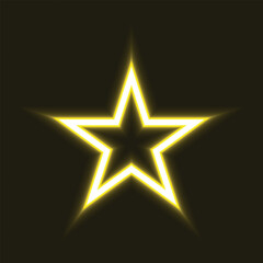 a bright yellow neon star on a dark background shines with light