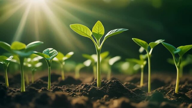 Close Up Seedlings Growing in Soil Under Bright Sunlit Field