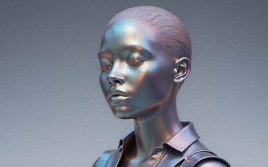 Metallic humanoid figure, serene expression, iridescent skin, futuristic design against muted background.