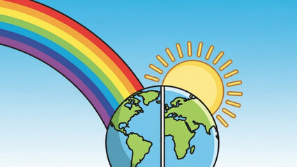 Fototapeta premium Vibrant rainbow arcing over split earth globe with sun shining brightly in clear blue sky symbolizing hope and environmental harmony