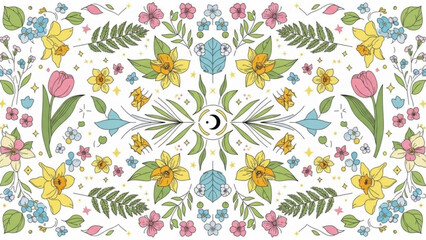 Obraz premium Vibrant floral mandala with colorful flowers leaves and crescent moon on white background decorative pattern
