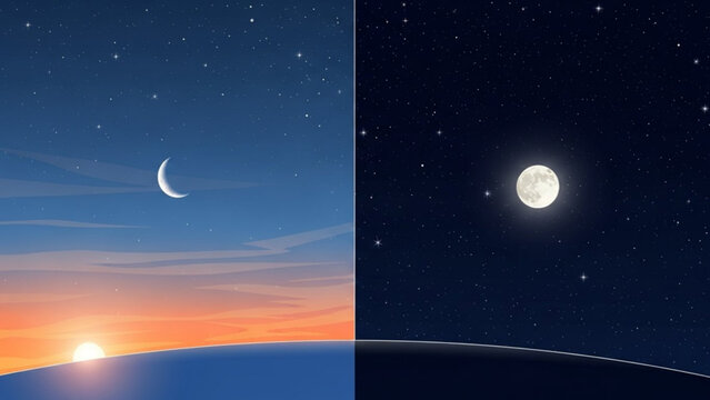 Split view of daytime and nighttime sky with crescent moon and full moon above the earth's horizon