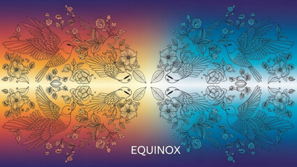 Vibrant equinox illustration with floral patterns and birds in gradient background