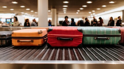 Colorful suitcases traveling on a metal luggage conveyor belt at a busy airport baggage claim, symbolizing the completion of a journey and the anticipation of new travels, with room for copy