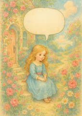 Whimsical girl in floral garden.