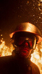Firefighter in Action Amidst Intense Flames and Smoke