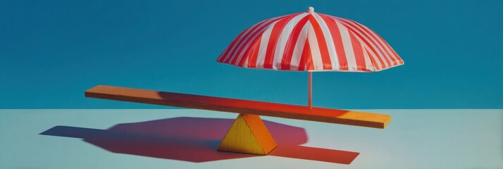 Red and white striped umbrella on a wooden seesaw, symbolizing delicate business ethics, professional equilibrium, and human rights, with copy space