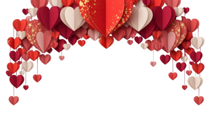 Red and pink heart shaped balloons hanging from strings isolated on transparent background