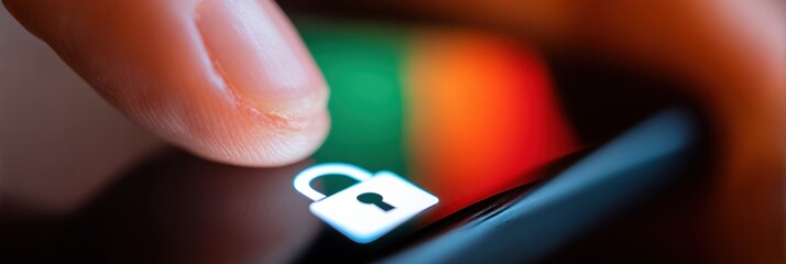 Finger touching a digital padlock icon on a mobile device screen for data governance, symbolizing personal information safety and financial asset protection
