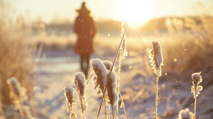 Silhouette of a Person Walking Through a Snow Covered Field with Frosty Grass at Golden Hour