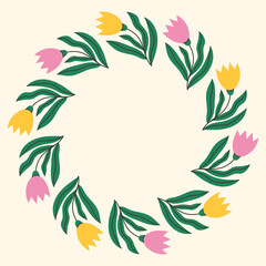 March 8 Tulip Wreath. International Women Day Card Template with hand Drawn Modern  Colorful Floral Chaplet. Spring Botanical Decor. Vector illustration