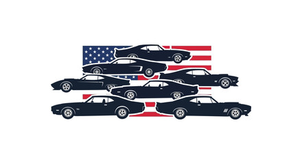 American muscle cars layered against a waving united states flag design a striking silhouette