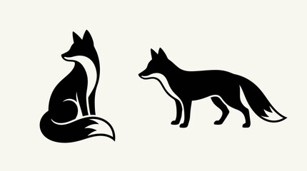 Obraz premium Vector Fox Silhouette Duo – Stylized Sitting and Walking Profiles with White Accents for Nature, Wildlife, and Artistic Design Themes