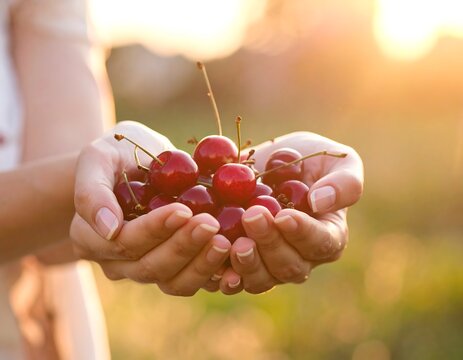 Soft focus image of a person holding ripe cherries in cupped hands against a warm, sunlit background. Golden light bathes the scene
