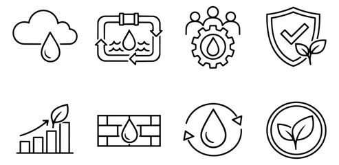 Line art ecology icons set featuring water drops, leaves, and environmental themes for sustainability designs