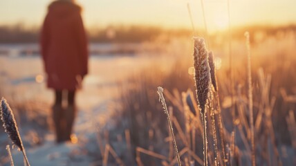 Woman in Red Coat Standing in a Frozen Winter Landscape with Icy Reeds at Sunset