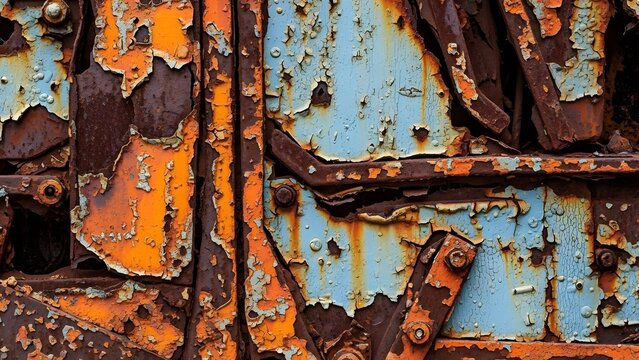 Abstract industrial art with metal corrosion effect, damaged paint layer, orange, brown and blue colors