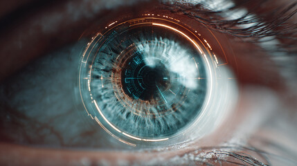 A close-up shot of an eye with technology-enhanced details, highlighting the iris and pupil. The eye has a circular pattern around the iris, giving it a futuristic look