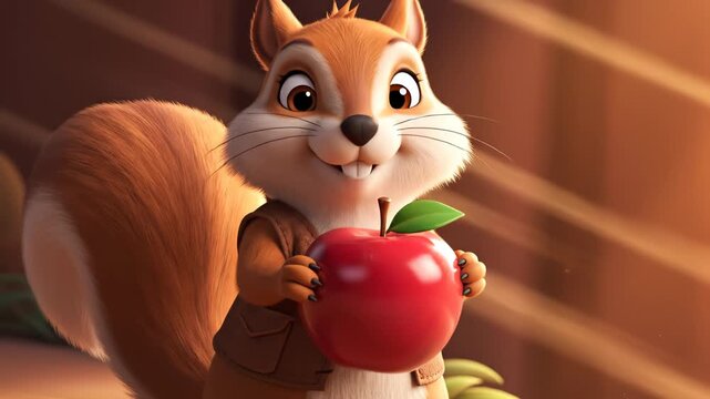 Animated squirrel holding apple on swing