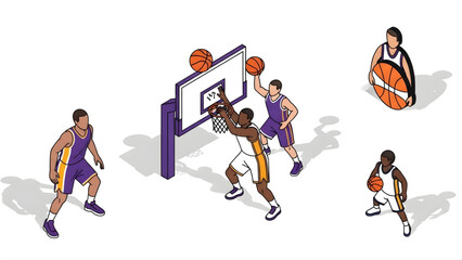 Fototapeta premium Isometric illustration of basketball players engaged in a dynamic game on the court, showcasing athletic moves and competitive spirit during a match