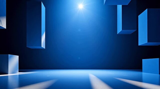 Abstract blue digital stage background with light columns and empty space