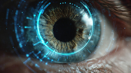 Close-up view of a futuristic eye with a technological overlay, symbolizing vision and innovation. This image depicts a human eye with a vibrant iris, surrounded by intricate digital circuits