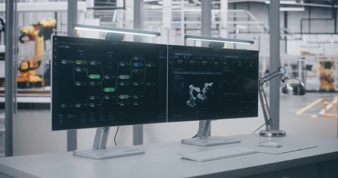 3D Robot Model on Control Panel With Data. Two Screens Display Complex Technical Data, One Monitor Shows 3D Visualization of Machinery Overlaid on Graphs. Real Time System Monitoring, Remote Control.