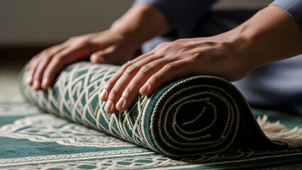 Close up of Muslim hands rolling up prayer mat after salat in mosque