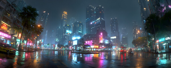 Modern city skyline illuminated at night with a dark surface