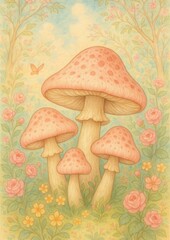 Naklejka premium Whimsical mushrooms in pastel forest.
