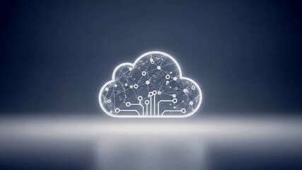 A glowing cloud icon with digital connections representing technology and data transfer against a dark background - Powered by Adobe