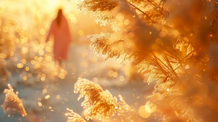 Golden Winter Sunlight Illuminating Frosty Branches and Falling Snow in a Dreamy Landscape