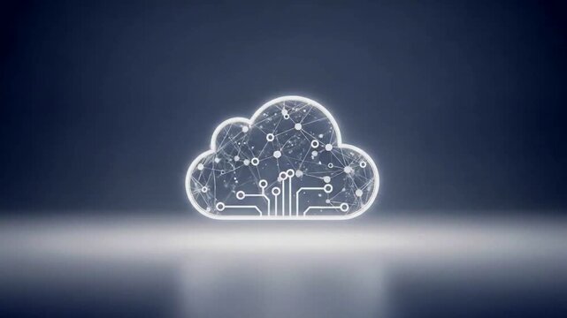 A glowing cloud icon with digital connections representing technology and data transfer against a dark background