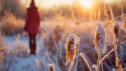 Close Up of Hoarfrost on Winter Reeds with a Blurred Figure in the Background at Golden Hour