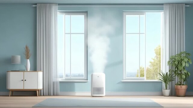 Modern air purifier in bright minimalist room with wooden floor and large windows. Clean home interior with allergy prevention setup