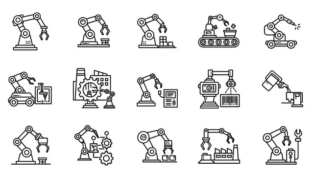 Collection of Industrial Robot Arm Icons.
