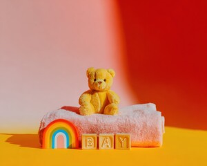 Adorable baby announcement background with a soft toy bear, boho rainbow decoration, and wooden letter blocks spelling BABY on a pink blanket, perfect for pregnancy awaits and nursery decor