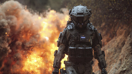 A soldier in futuristic armor standing amidst an explosion in a war zone