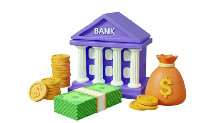3D Bank Building with Money and Coins