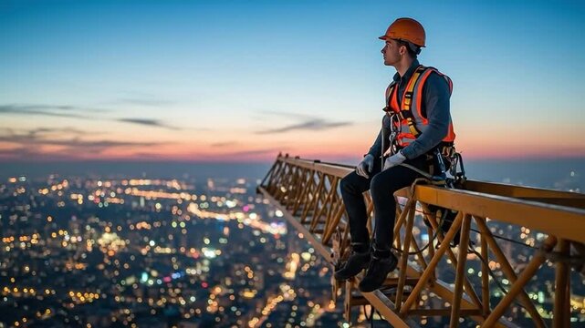 Sky High Construction Worker at Dusk Overlooking Cityscape with Bright Lights