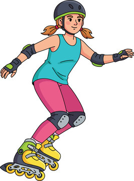 Young girl with pigtails and a helmet rollerblading in full protective gear.