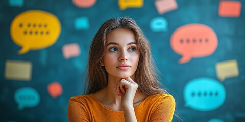 Woman with a pensive look, surrounded by speech bubbles with feedback and online review icons, illustrating digital communication and customer interaction, Generative AI