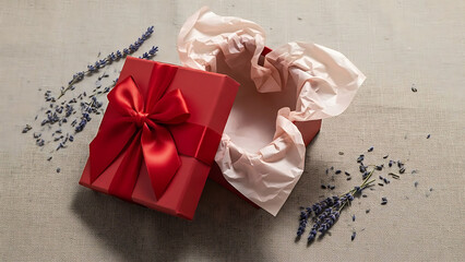 A beautifully wrapped red gift box with a satin bow next to crumpled tissue paper and lavender on burlap