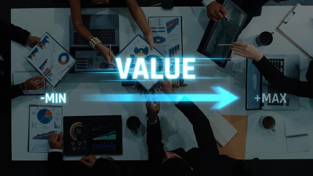 A dynamic scene of business professionals engaged in strategic discussions about project value, utilizing charts and laptops in a modern office environment. Raster