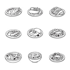Vector illustration showcasing nine different seafood dishes, each presented on a separate plate. The variety includes fish, tacos, and soups, highlighting culinary diversity and presentation.